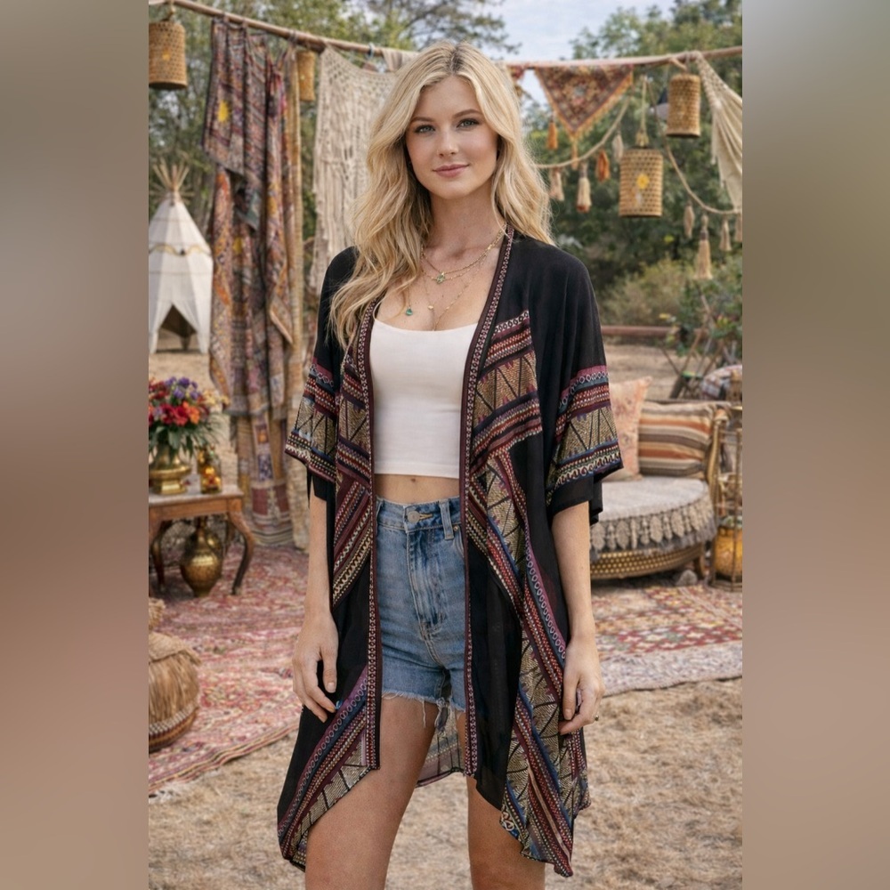 World Market Bohemian Embroidered Long Open Front Kimono Duster Aztec One Size